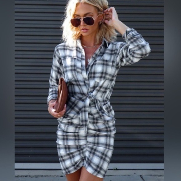 NWT Vici x Fate White Black Fall Plaid Cotton Shirt Dress Women's Size X-Large - Picture 2 of 13